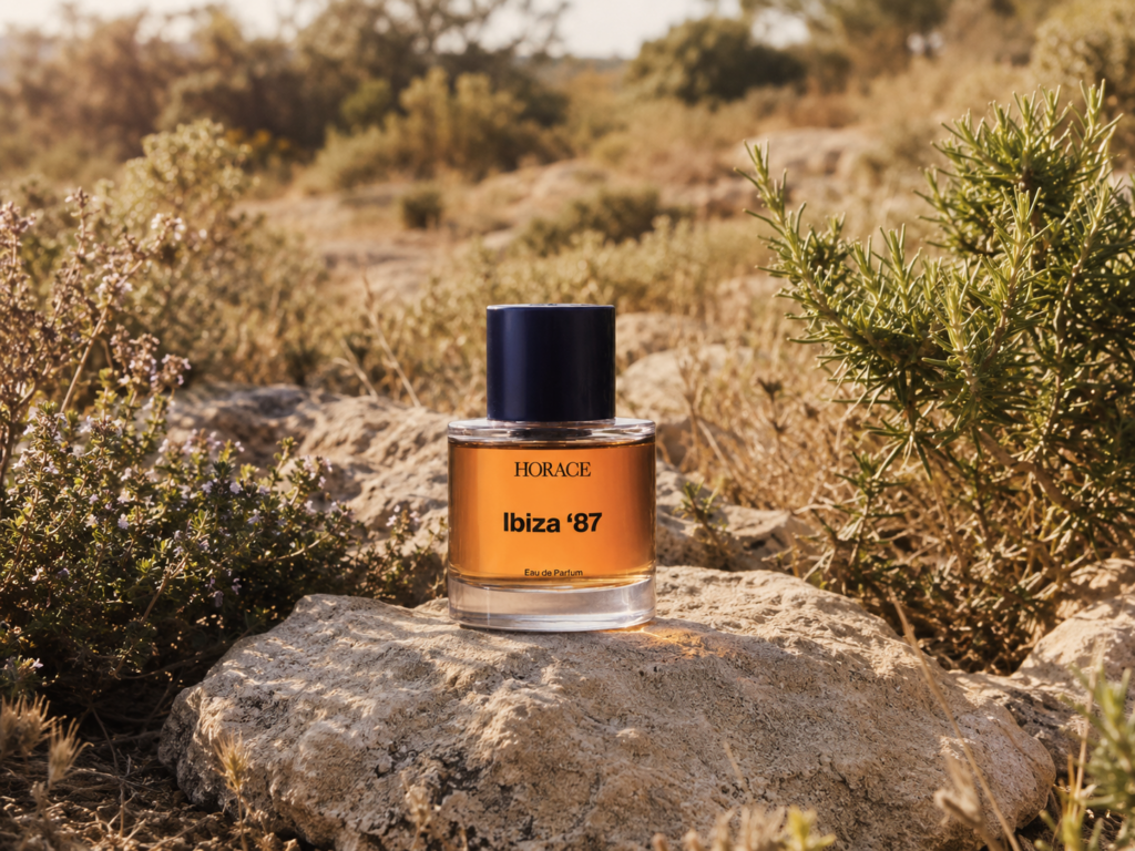 Flacon du parfum Ibiza ’87 de Horace posé sur une pierre, au milieu d’une végétation sèche éclairée par le soleil.