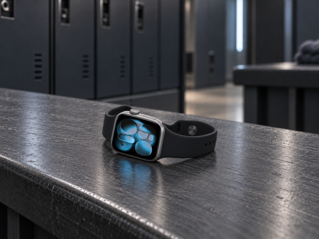 Une montre Apple Watch Série 11 est posé sur un un banc dans un vestiaire.