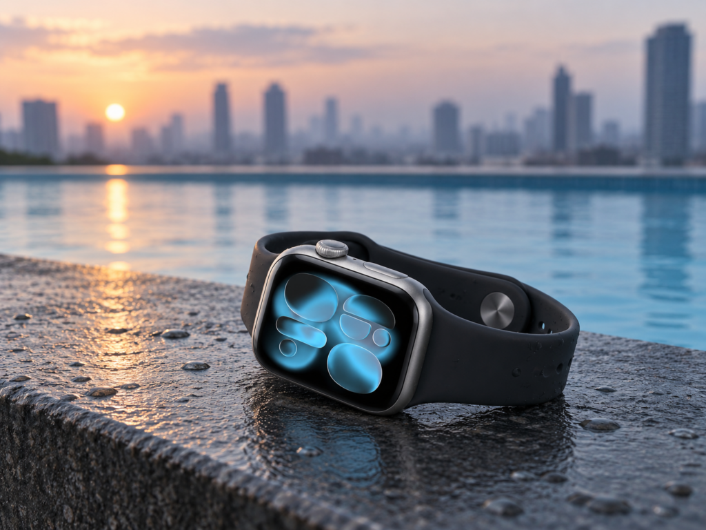 Une montre Apple Watch Série 11 est posé sur un mur en beton à c^té d'un fleuve en ville.