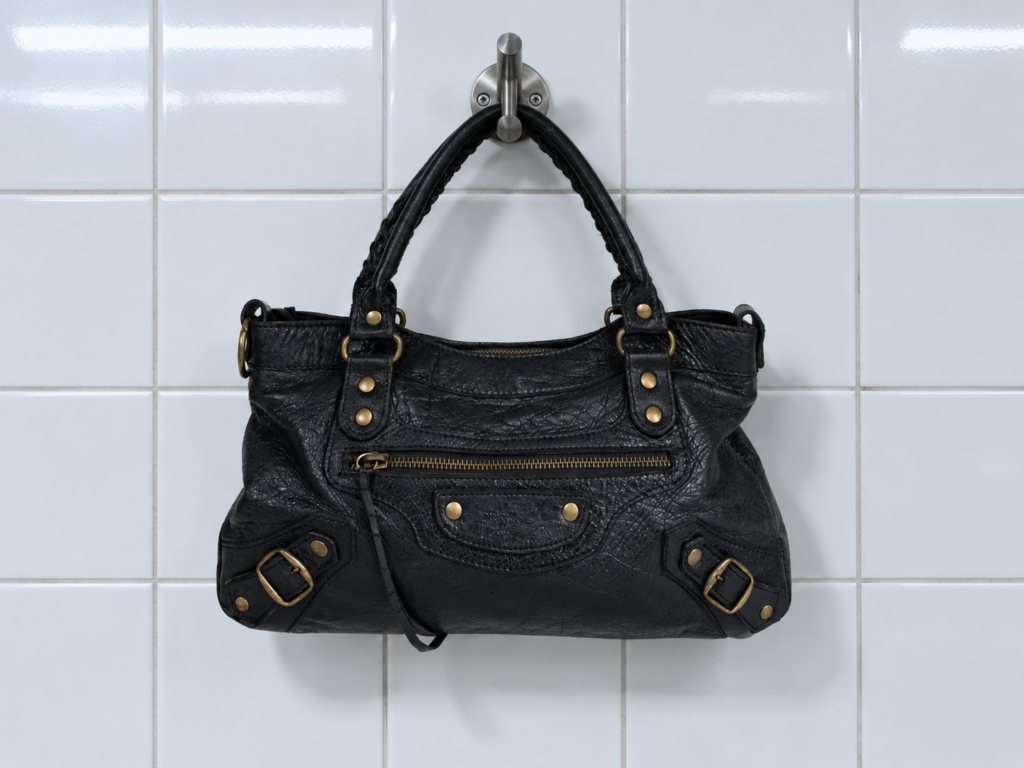 Sac Lariat Balenciaga en cuir noir suspendu à une patère sur un mur en carrelage blanc