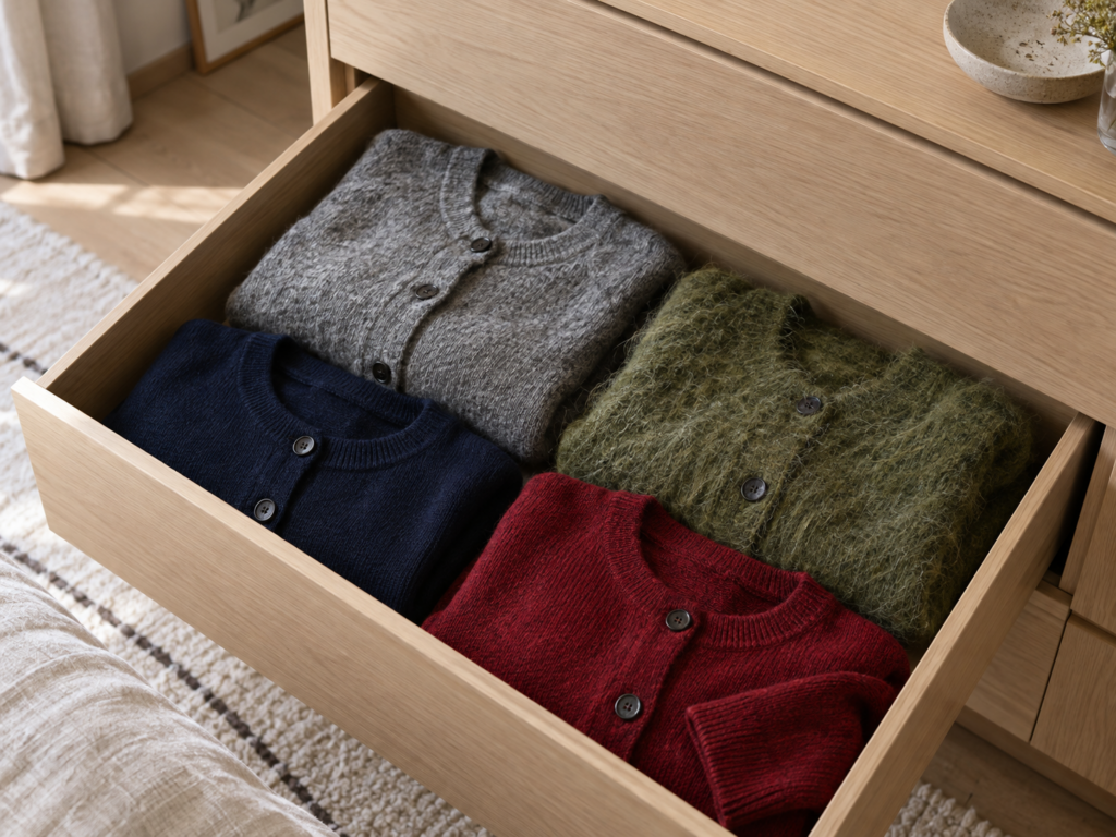Collection de cardigans dans son tiroir.