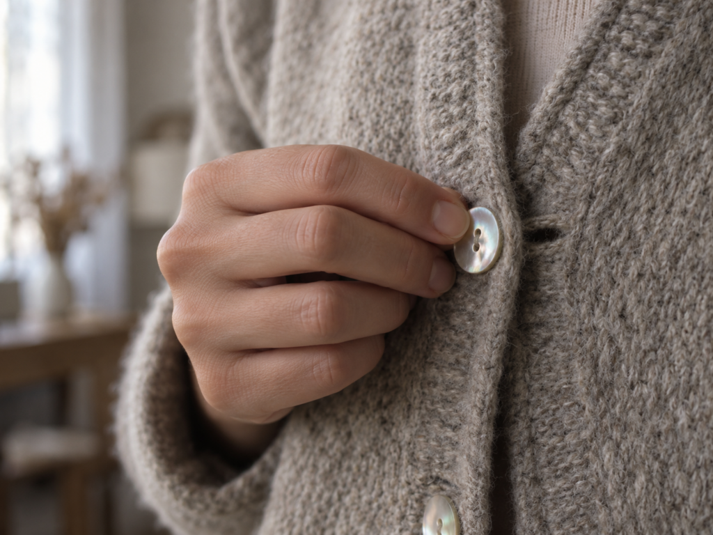 Un homme ferme le bouton de son cardigan gris en laine.