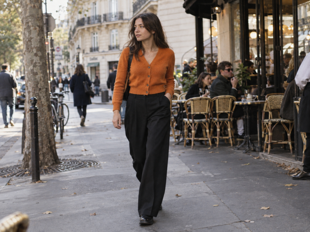 Une jeune femme porte un cardigan orange et pantalon noir dans une rue parisienne.