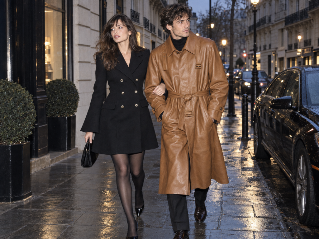 Un couple de jeunes gens portent des vêtements emblématiques de la marque CELINE dans une rue parisienne.