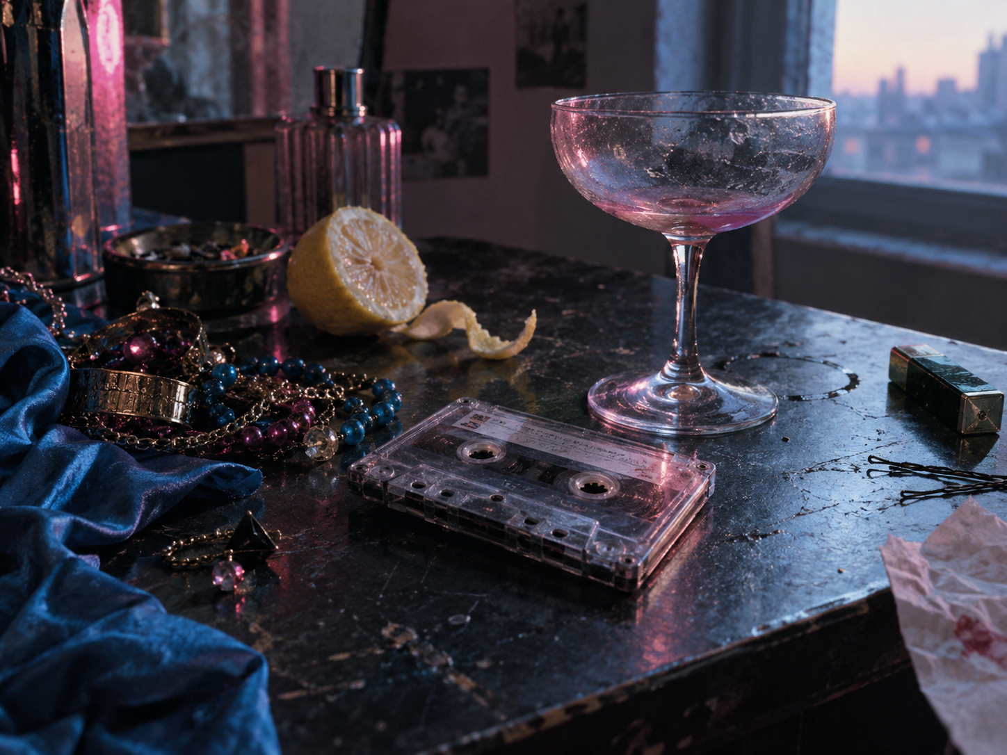 Cassette audio, bijoux colorés et citron sur une table après une soirée en 1986