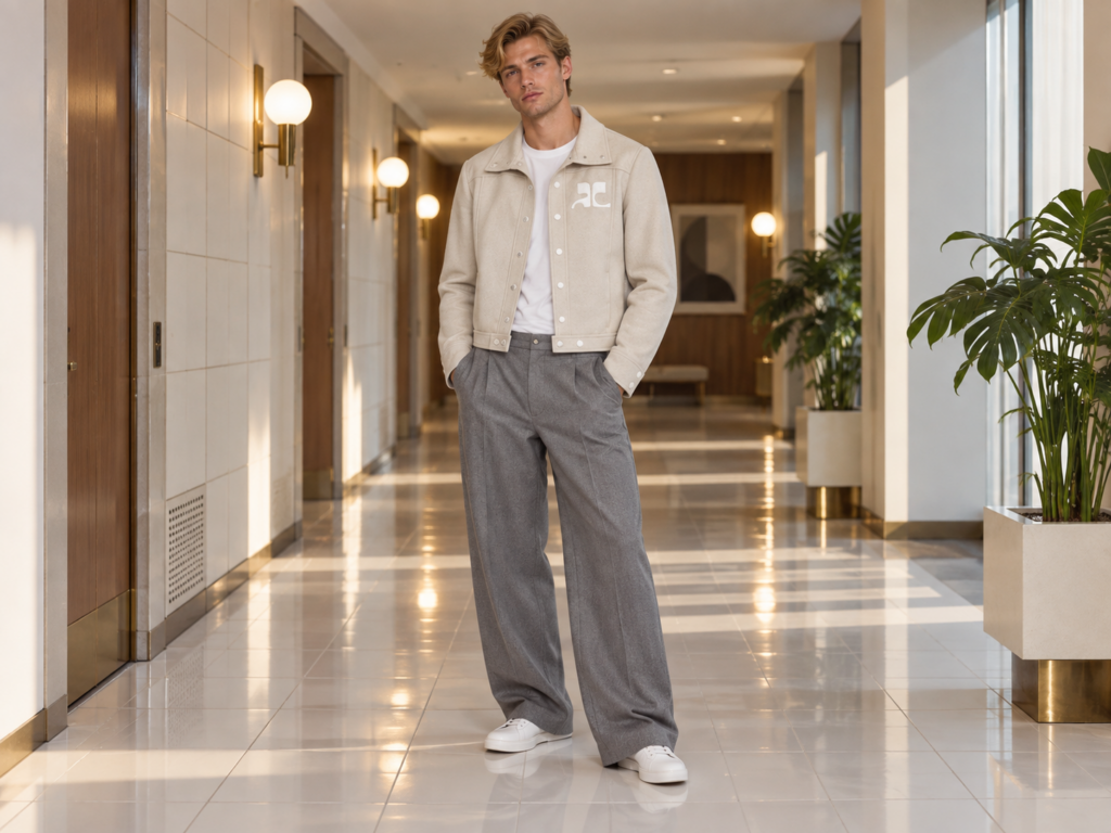 Homme en blouson beige Courrèges, tee-shirt blanc et pantalon gris large dans un couloir lumineux