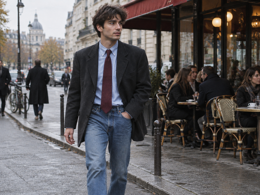 Homme portant une cravate bordeaux avec un jean et une veste ample à Paris
