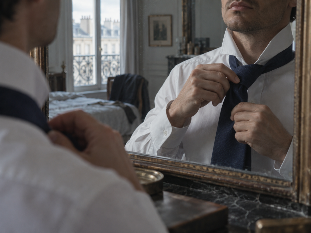 Mains nouant une cravate en soie devant un miroir