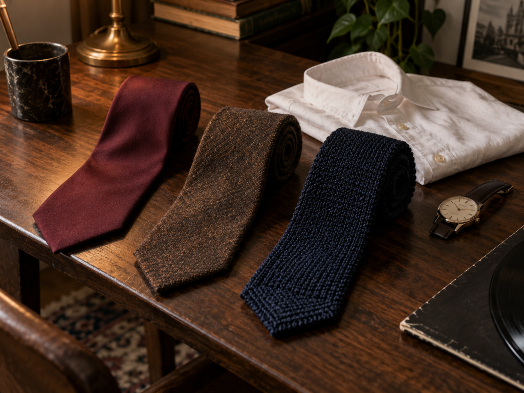 Cravates en soie, laine et tricot posées sur une table en bois