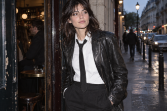 Femme portant une cravate noire avec une chemise blanche et un blouson en cuir