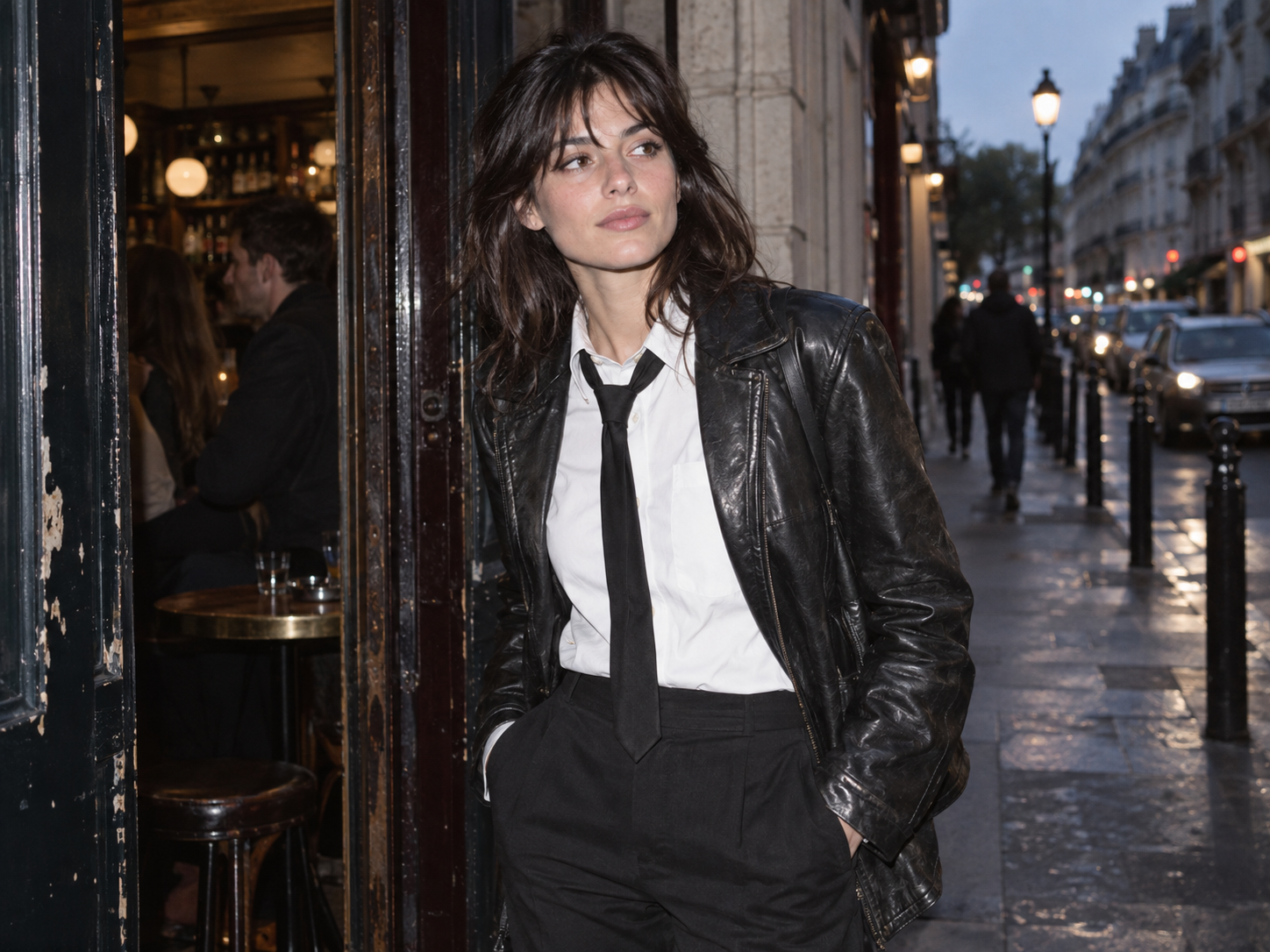 Femme portant une cravate noire avec une chemise blanche et un blouson en cuir