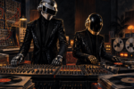 Caricature de Daft Punk portant leurs casques derrière une console et des machines dans un studio parisien.