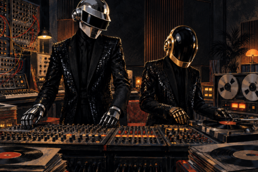 Caricature de Daft Punk portant leurs casques derrière une console et des machines dans un studio parisien.