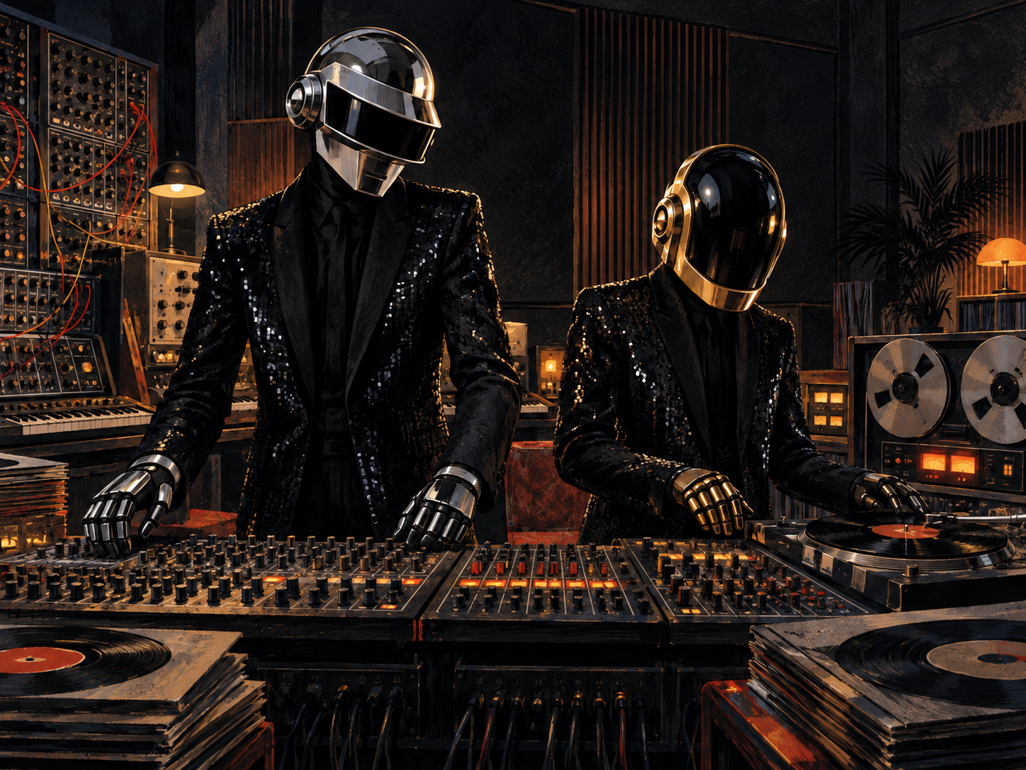Caricature de Daft Punk portant leurs casques derrière une console et des machines dans un studio parisien.