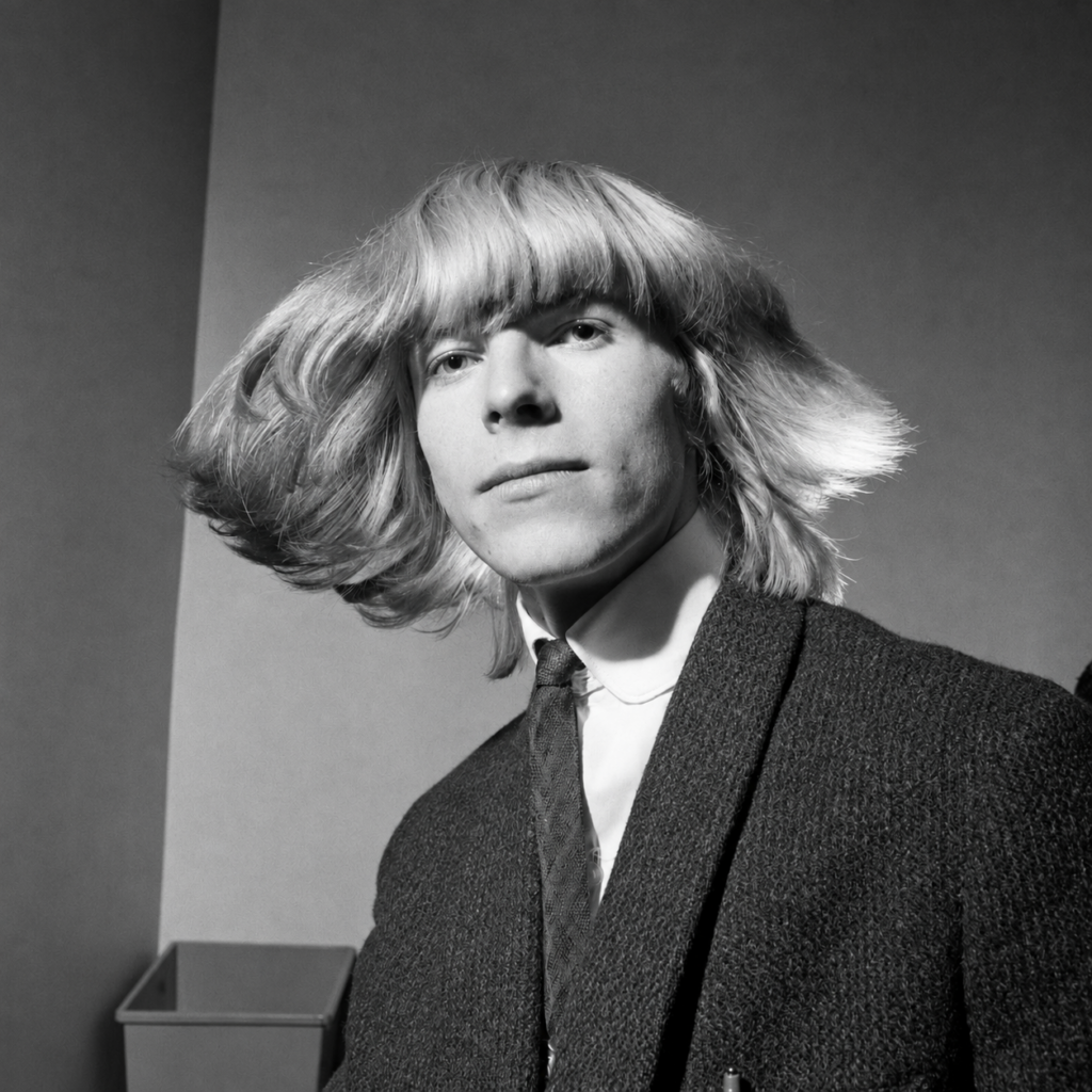 David Bowie en costume sombre, les cheveux en mouvement, photographié en noir et blanc.