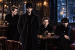 Caricature des quatre membres d’Echo & the Bunnymen dans un pub anglais sous une lumière froide