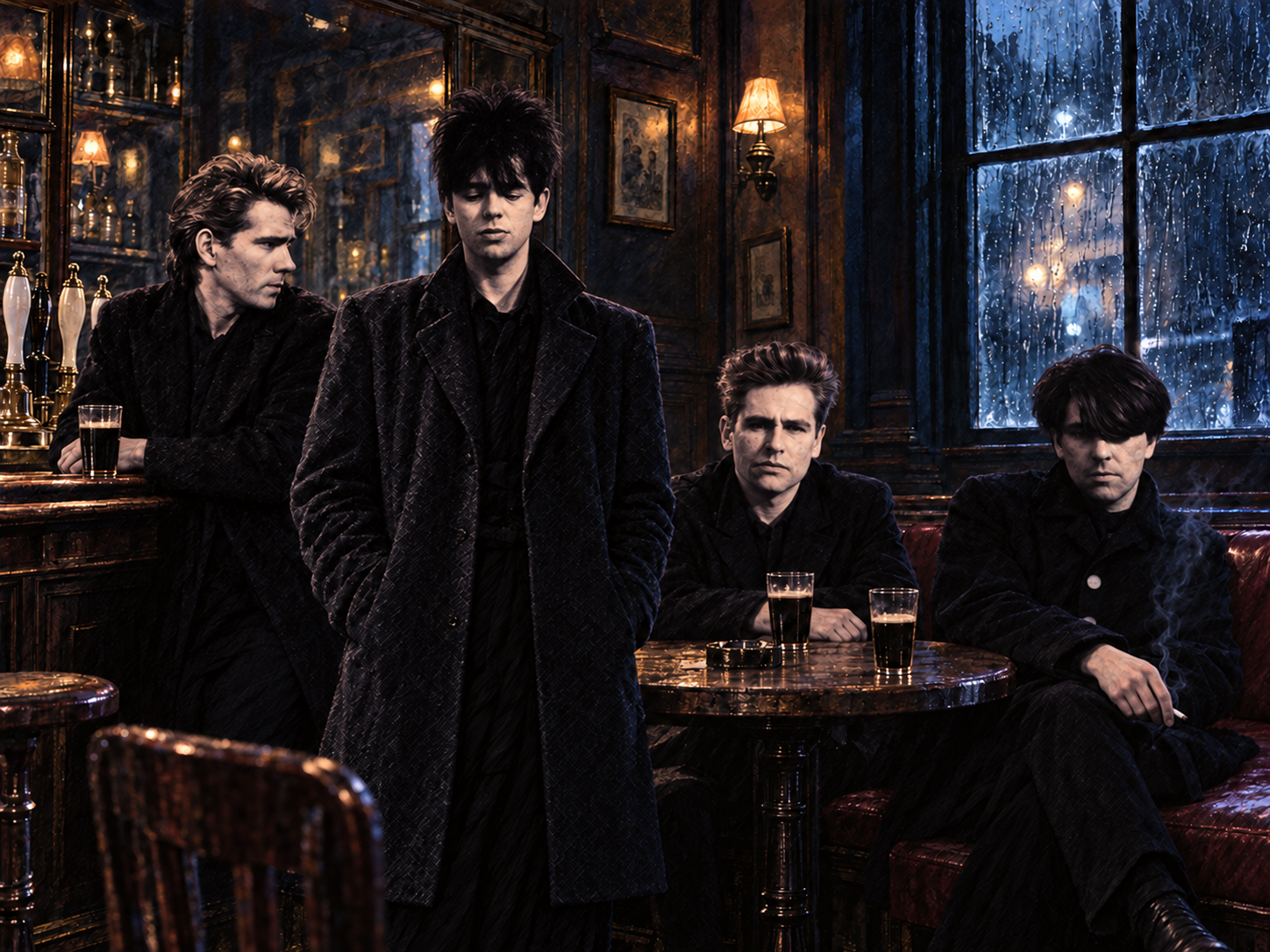 Caricature des quatre membres d’Echo & the Bunnymen dans un pub anglais sous une lumière froide