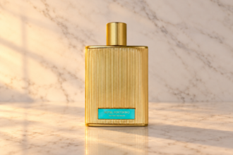 Flacon doré de Hotel Portofino Extrait de Parfum posé sur du marbre blanc sous une lumière chaude