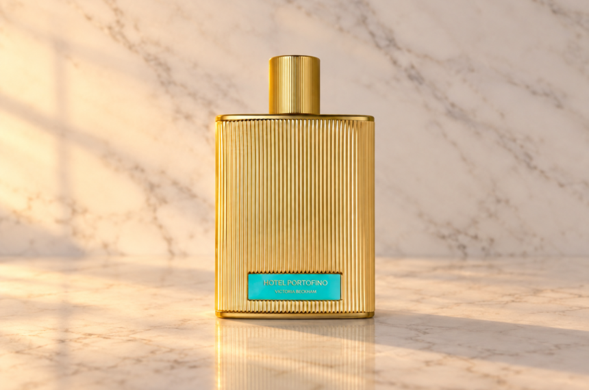 Flacon doré de Hotel Portofino Extrait de Parfum posé sur du marbre blanc sous une lumière chaude