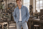 Jeune homme roux portant une veste de travail bleu clair Le Mont Saint Michel, un débardeur blanc et un jean dans un atelier industriel.