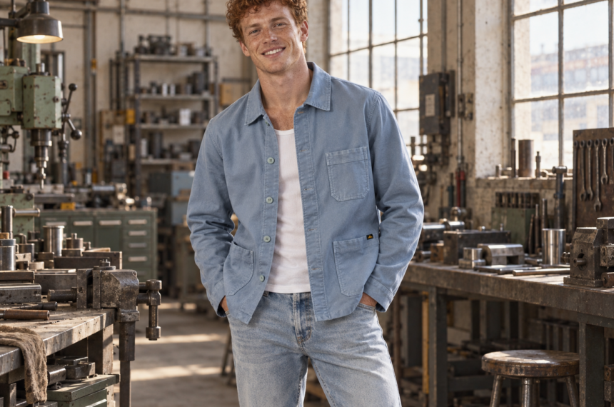 Jeune homme roux portant une veste de travail bleu clair Le Mont Saint Michel, un débardeur blanc et un jean dans un atelier industriel.