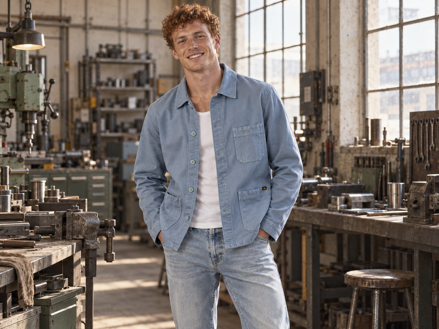 Jeune homme roux portant une veste de travail bleu clair Le Mont Saint Michel, un débardeur blanc et un jean dans un atelier industriel.