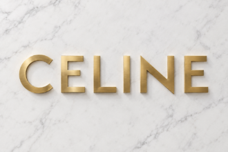 Le logo de ma marque CELINE en doré sur un fond de marbre blanc.