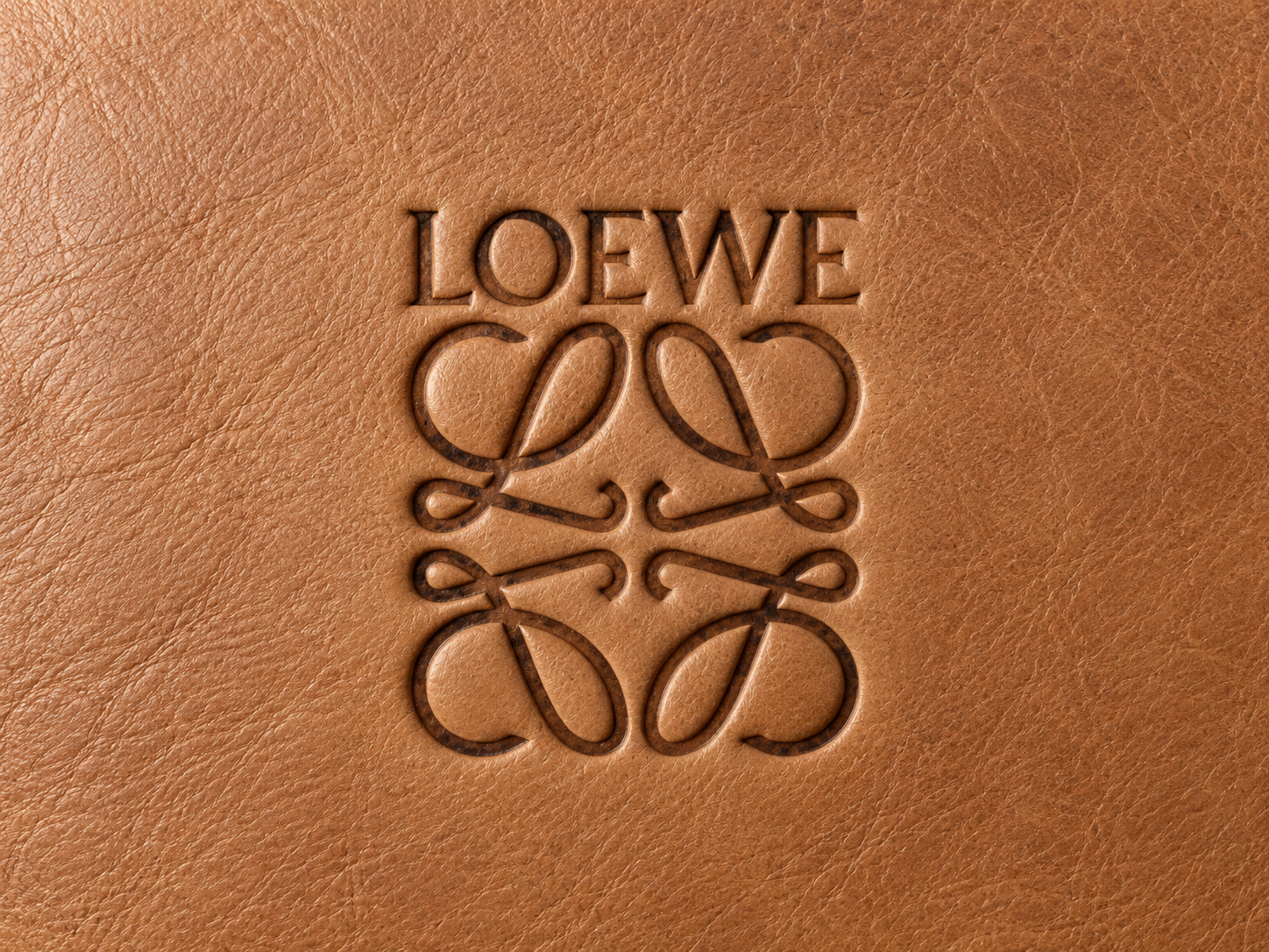 Logo et anagramme Loewe marqués au fer sur un cuir marron clair.