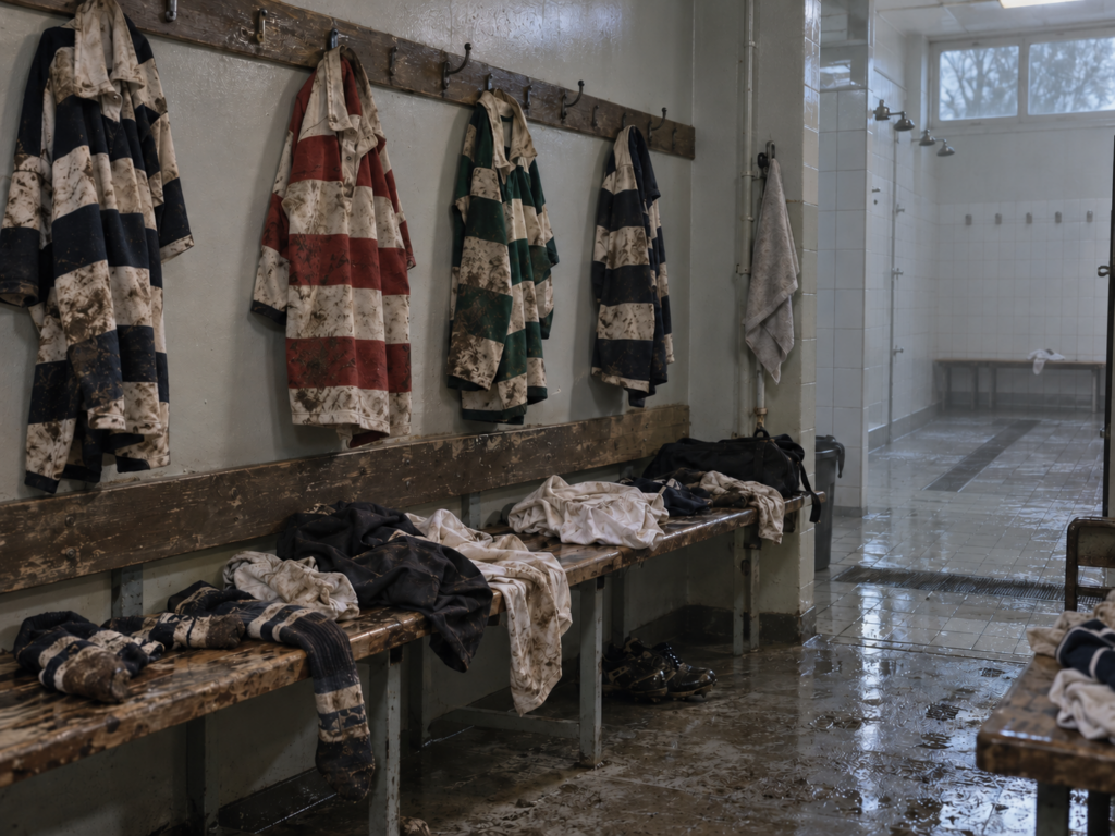 Maillots de rugby boueux dans un vestiaire humide après un match