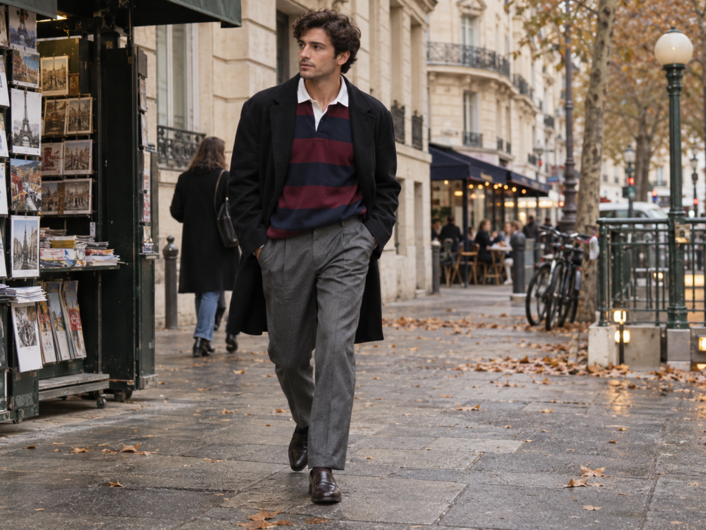 Homme portant un maillot de rugby rayé dans une rue parisienne