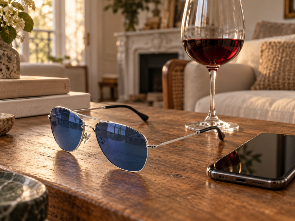 Des lunettes de soleil Pacific S 01 de Maison Henry sont posées sur une table basse.