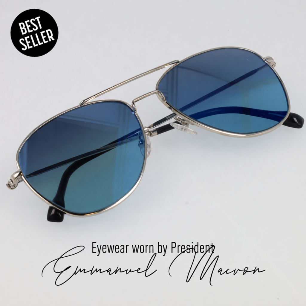 Image publicitaire des lunettes Pacific S 01 de Maison Henry Jullien signée par le président français Emmanuel Macron.