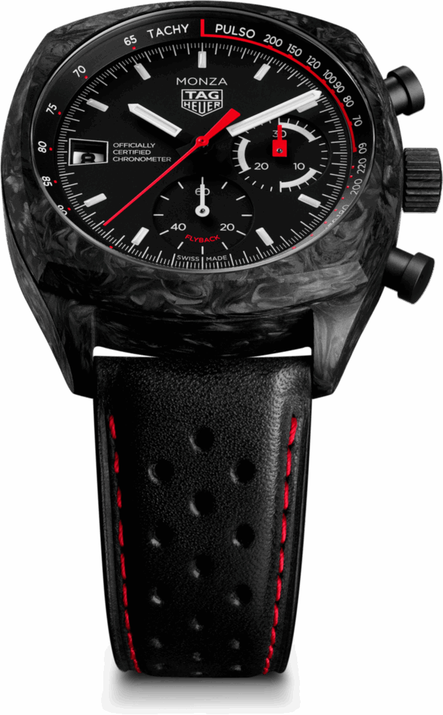 TAG Heuer Monza Flyback Chronograph CR5092.FC8372 avec boîtier noir et bracelet perforé à coutures rouges.