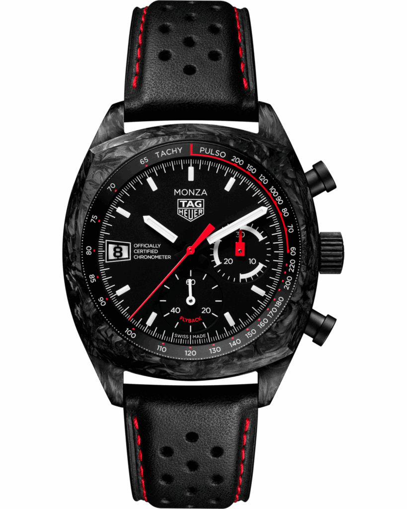 Vue de face de la TAG Heuer Monza CR5092.FC8372, cadran noir, aiguilles rouges et bracelet perforé noir.