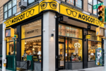 Façade d’une boutique Moscot à un angle de rue, avec son enseigne jaune et ses lunettes visibles derrière les vitrines.