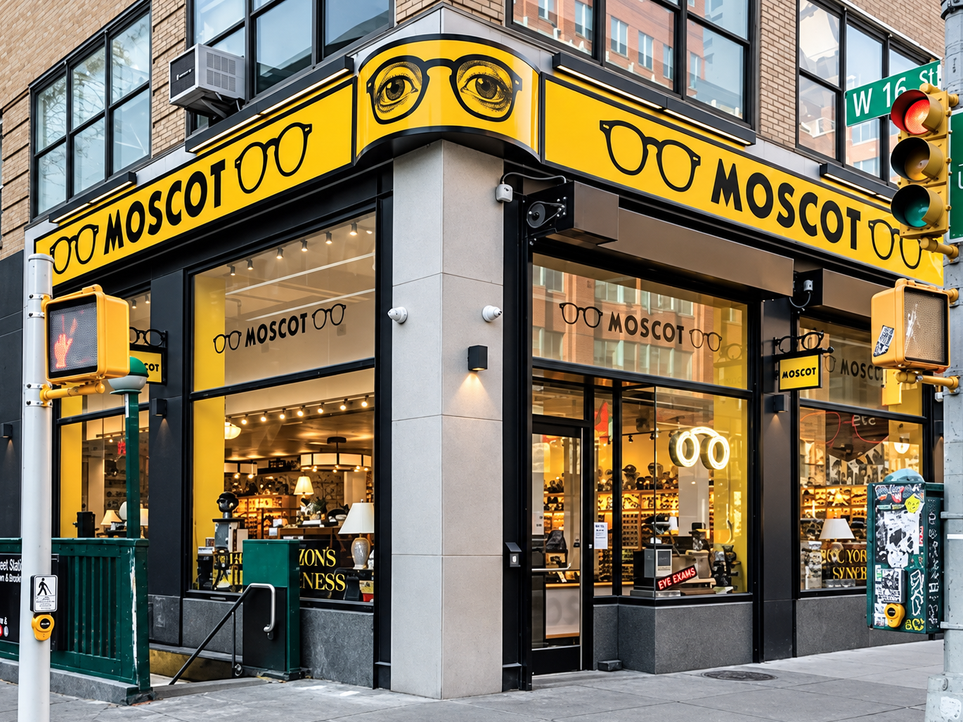 Façade d’une boutique Moscot à un angle de rue, avec son enseigne jaune et ses lunettes visibles derrière les vitrines.