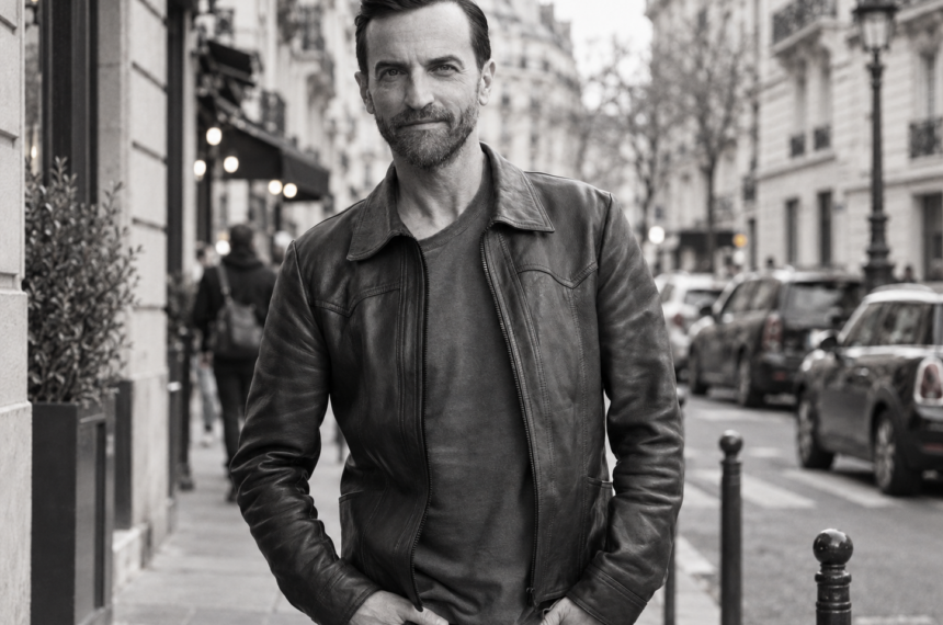 Nicolas Ghesquière dans une rue parisienne, photographié en noir et blanc
