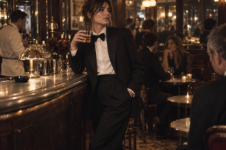 Une jeune femme en smoking et noeud papillon boit un verre au comptoir d'un bar parisien.
