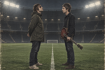 Caricature de Liam Gallagher et Noel Gallagher face à face dans un stade vide