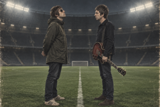 Caricature de Liam Gallagher et Noel Gallagher face à face dans un stade vide
