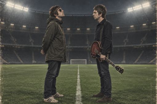 Caricature de Liam Gallagher et Noel Gallagher face à face dans un stade vide