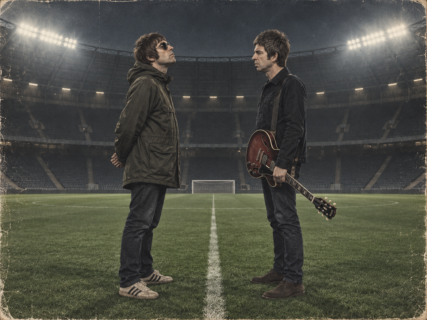 Caricature de Liam Gallagher et Noel Gallagher face à face dans un stade vide