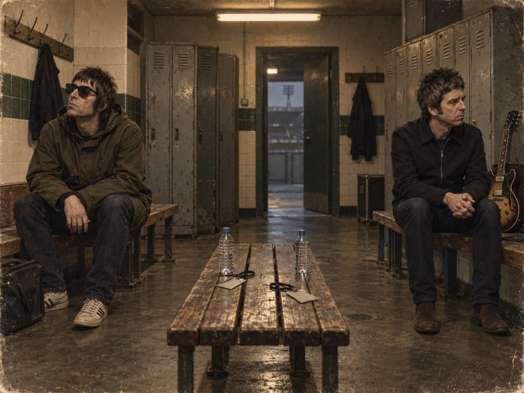 Liam Gallagher et Noel Gallagher assis séparément dans un vestiaire de stade