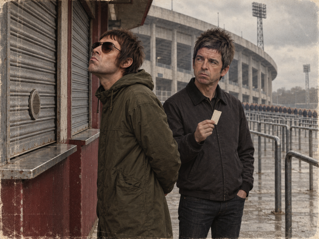 Liam Gallagher et Noel Gallagher devant un guichet fermé avec un billet