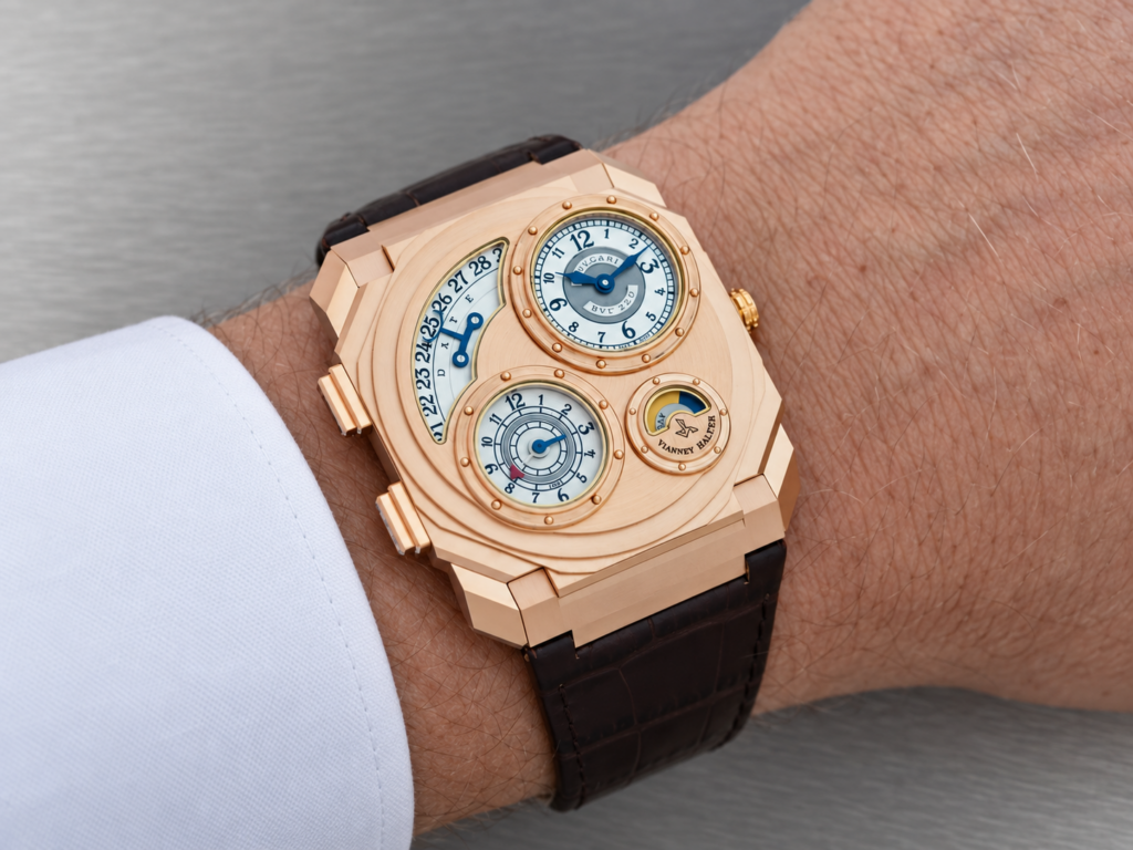 Bvlgari Octo Finissimo Dual Time x Vianney Halter en or rose portée au poignet sur bracelet brun