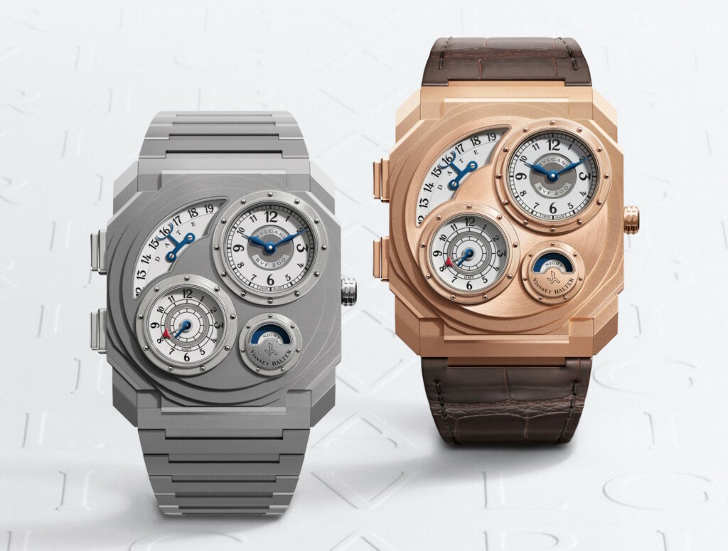 Les versions en titane et en or rose de la Bvlgari Octo Finissimo Dual Time x Vianney Halter