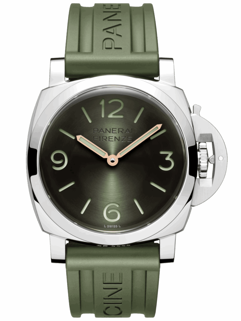 Vue de face de la Panerai Luminor Firenze 8 Giorni avec cadran vert, bracelet vert et protège-couronne ouvert.