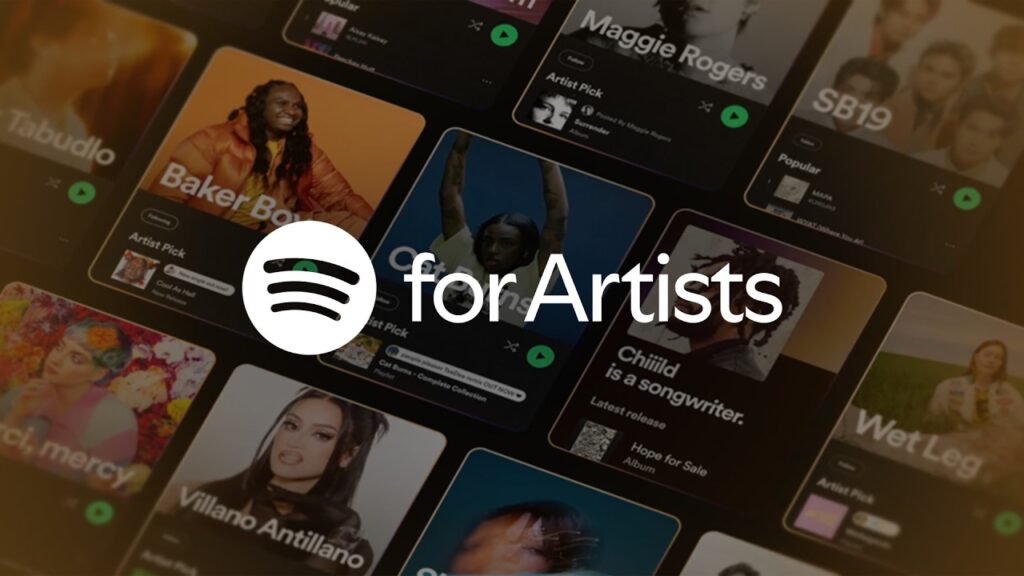 Visuel Spotify for Artists sur fond de pages d’artistes, avec le logo blanc de Spotify au premier plan.