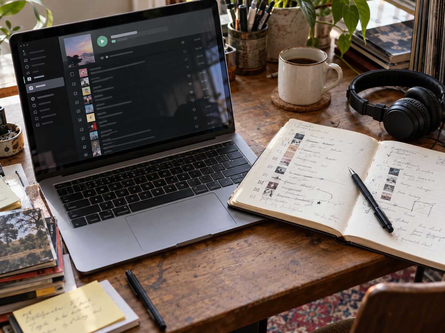Ordinateur ouvert sur une playlist musicale à côté d’un carnet de sélection annoté et d’un casque audio.