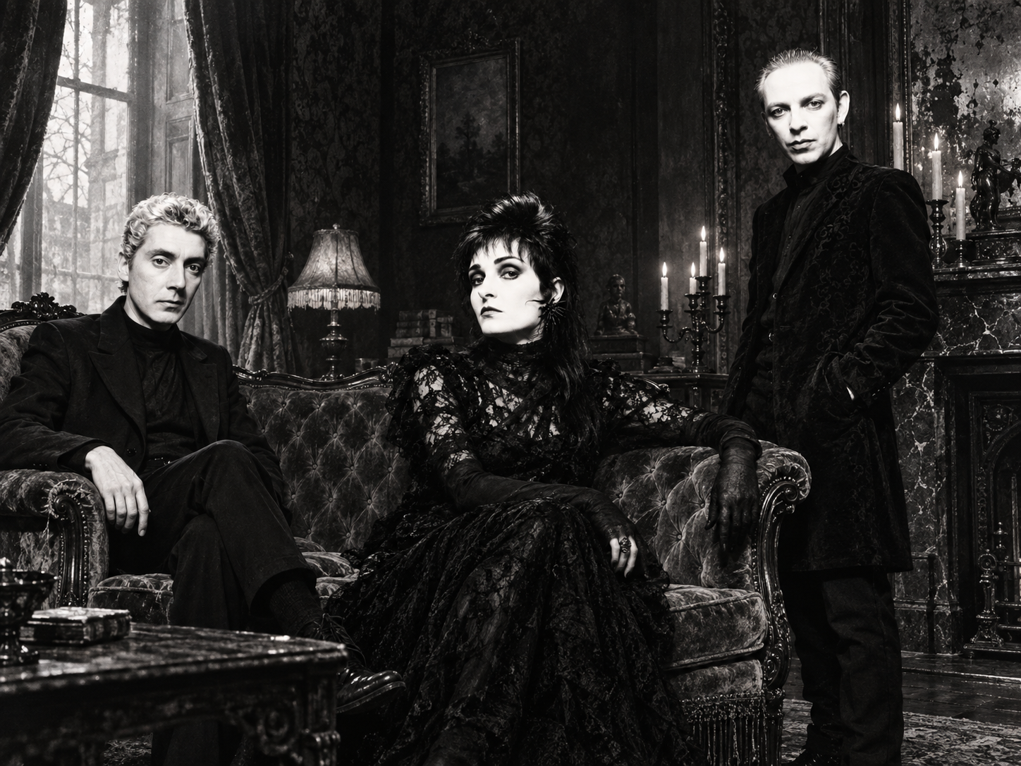 Siouxsie and the Banshees réunis dans un salon victorien sombre en noir et blanc